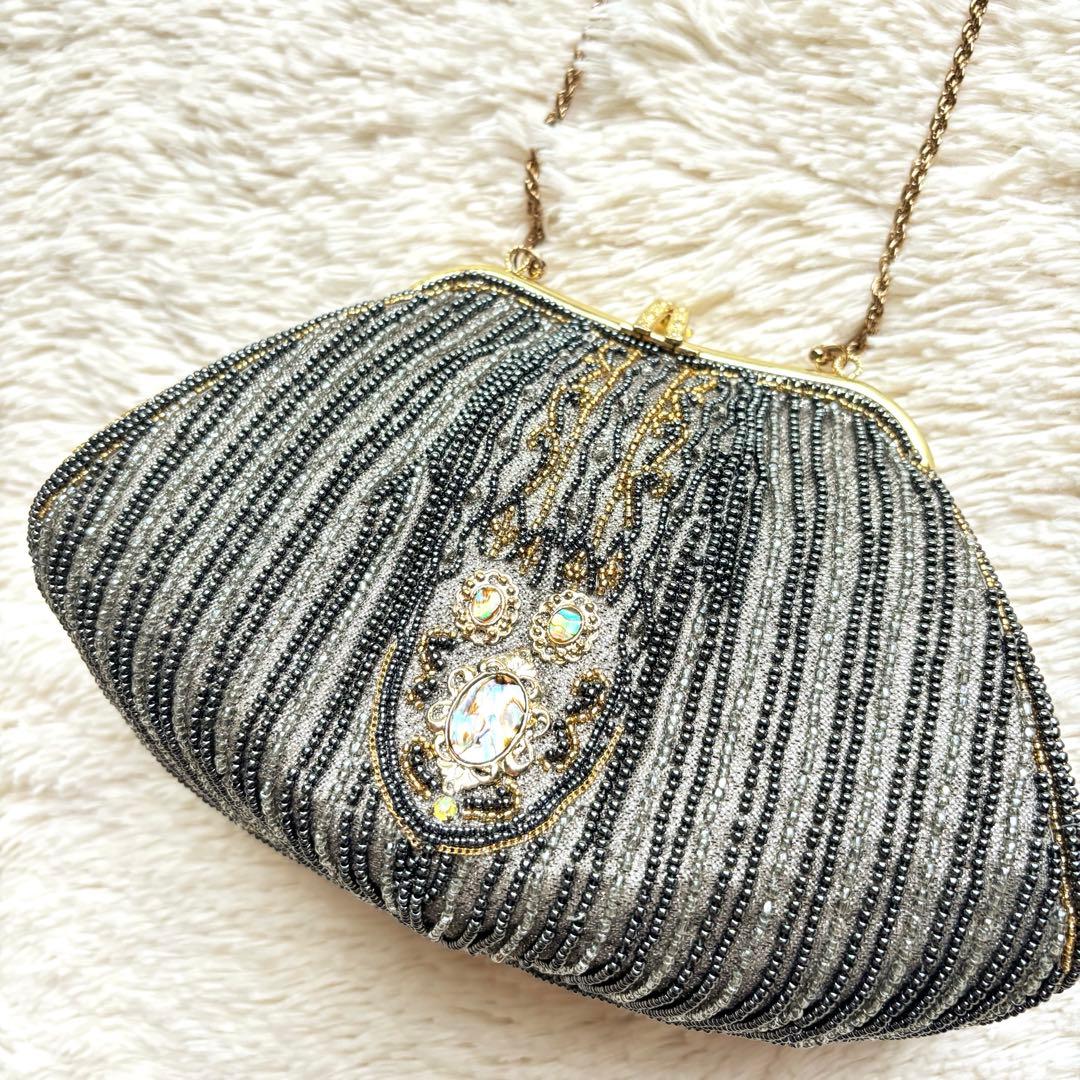極美品　ビーズ刺繍バッグ アンティーク フォーマルバッグ　螺鈿