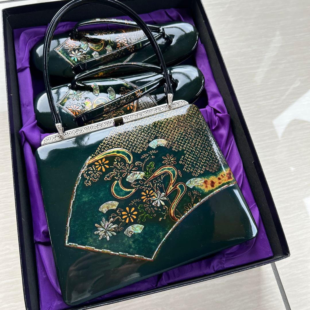 花柄 和装用バッグと草履セット　螺鈿