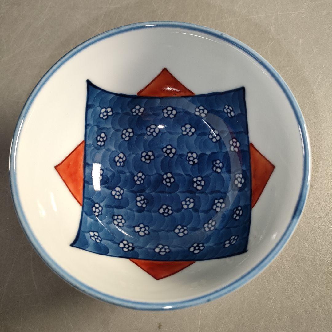 A1324-3/有田焼/源右衛門窯/染錦切紙梅地紋飯碗3客/茶碗/懐石道具/