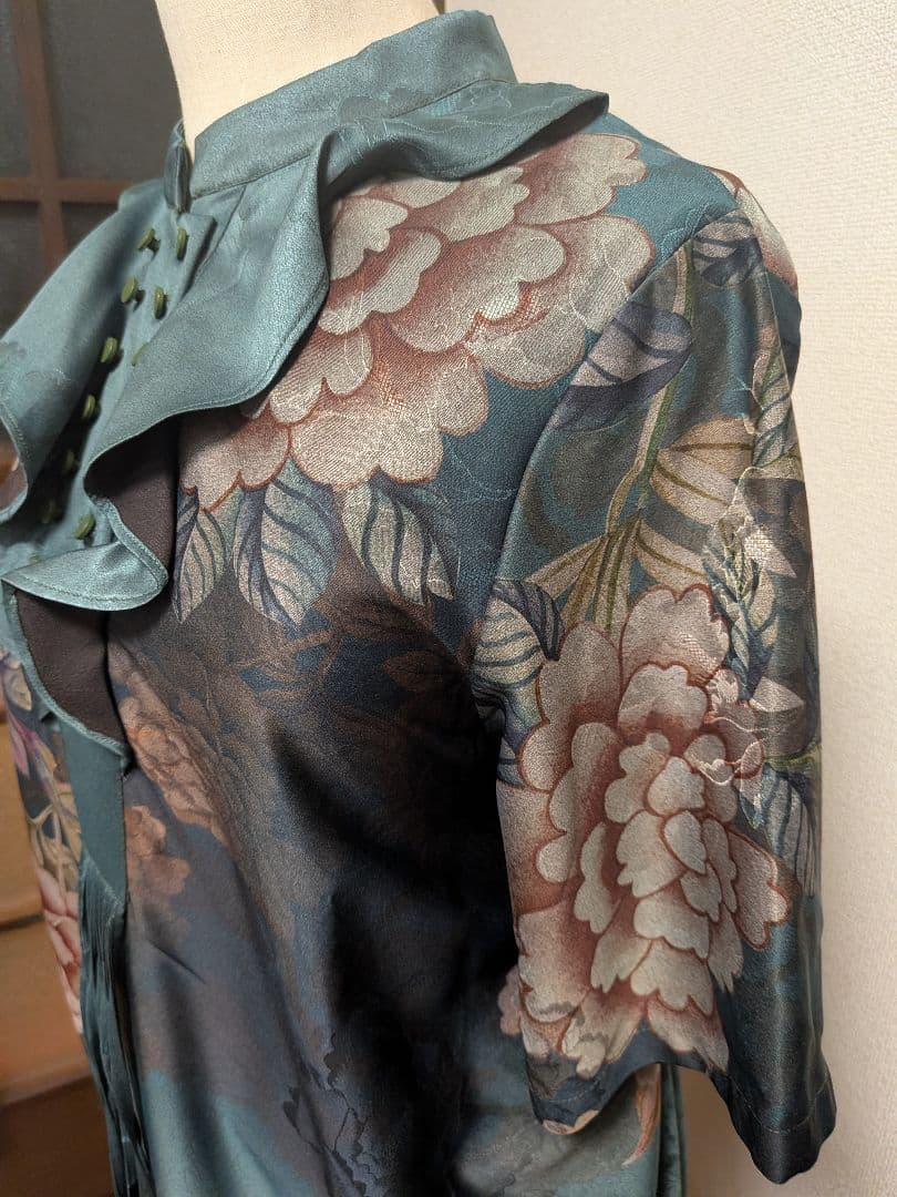 【タグ付き新品】 花柄ロングワンピース 青緑色 チャイナドレス風味