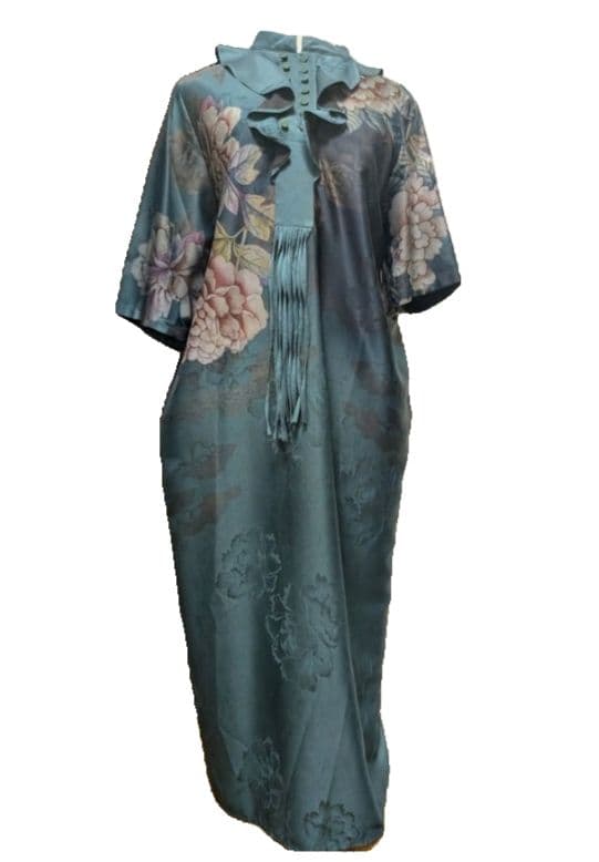 【タグ付き新品】 花柄ロングワンピース 青緑色 チャイナドレス風味