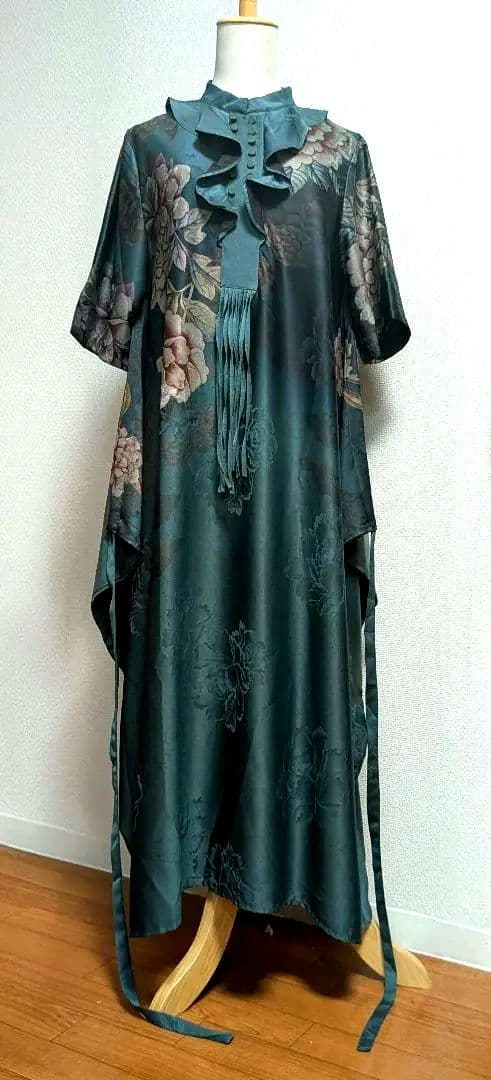 【タグ付き新品】 花柄ロングワンピース 青緑色 チャイナドレス風味