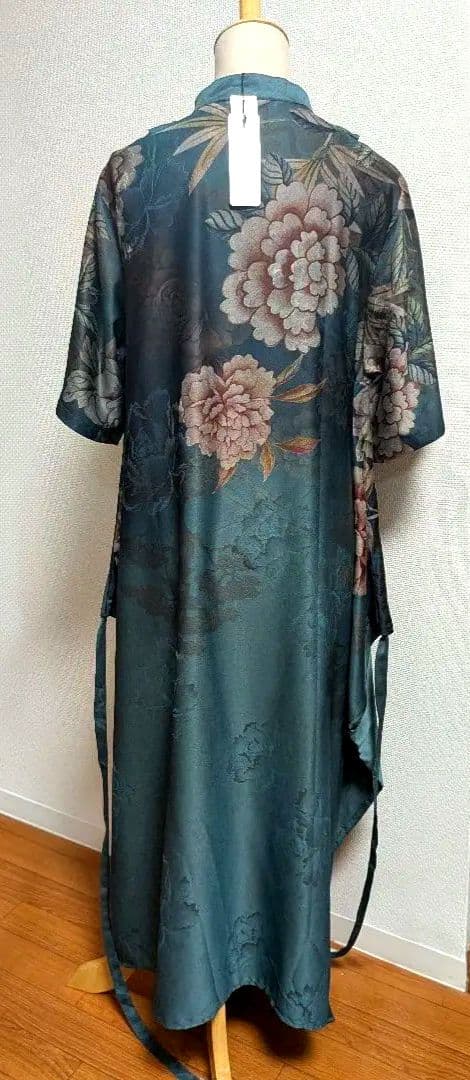 【タグ付き新品】 花柄ロングワンピース 青緑色 チャイナドレス風味