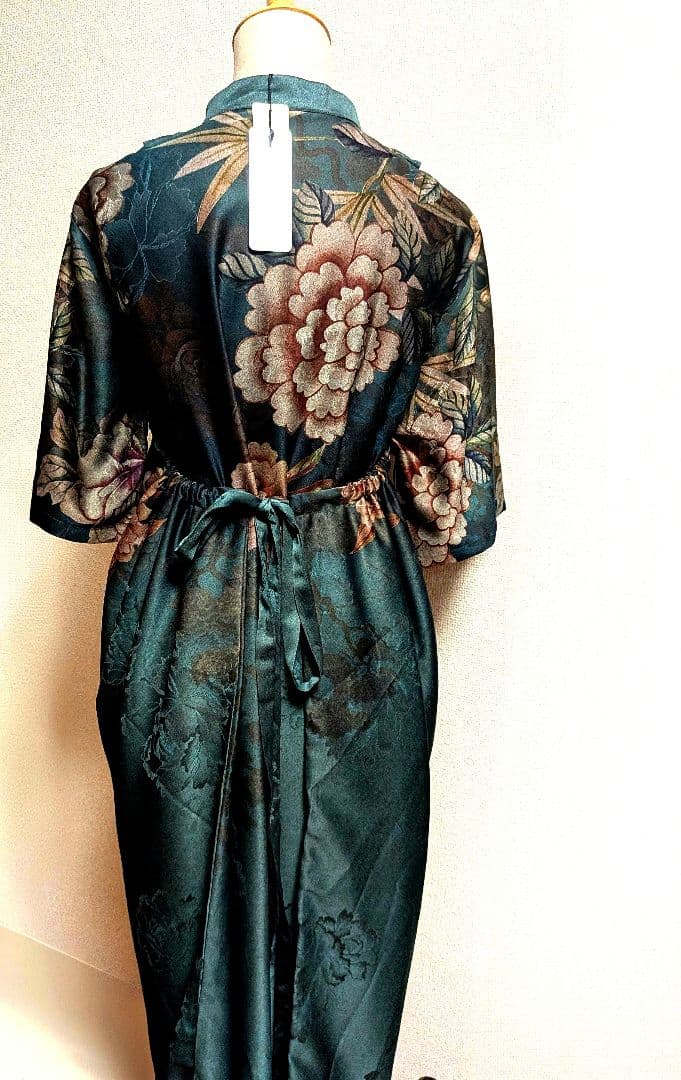 【タグ付き新品】 花柄ロングワンピース 青緑色 チャイナドレス風味