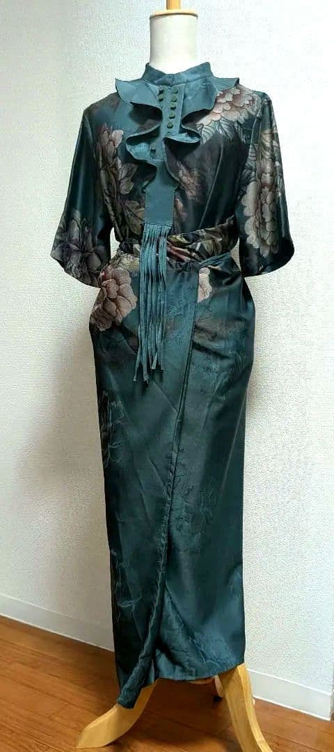 【タグ付き新品】 花柄ロングワンピース 青緑色 チャイナドレス風味
