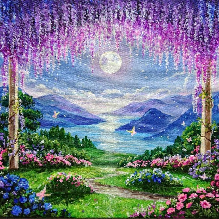 【藤の花】アクリル画 F3 風景画 絵画