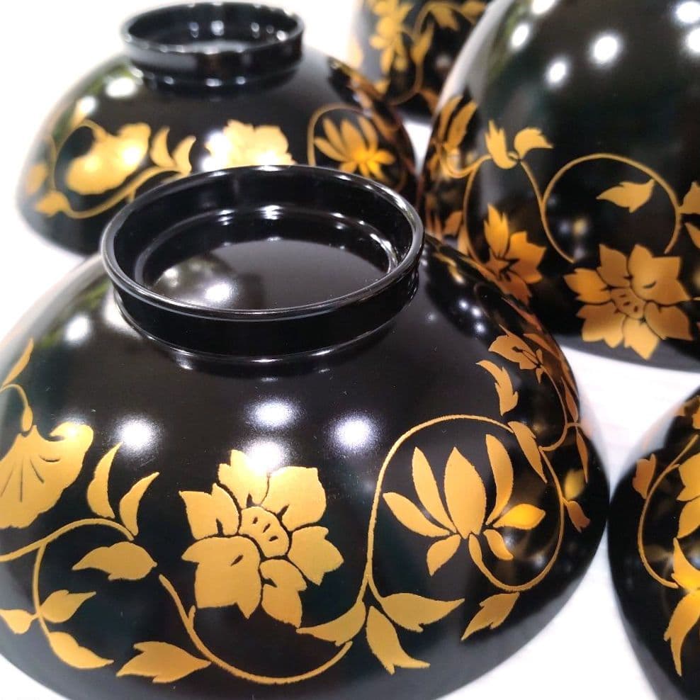 会津塗 漆器 坂本乙造 乙造作 金彩 蒔絵 唐草 蓋付き 汁椀 吸物碗 五客揃