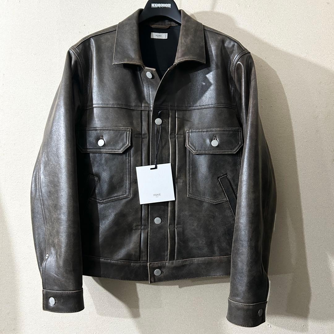 Yoke Cracked Leather Trucker Jacket サイズ1