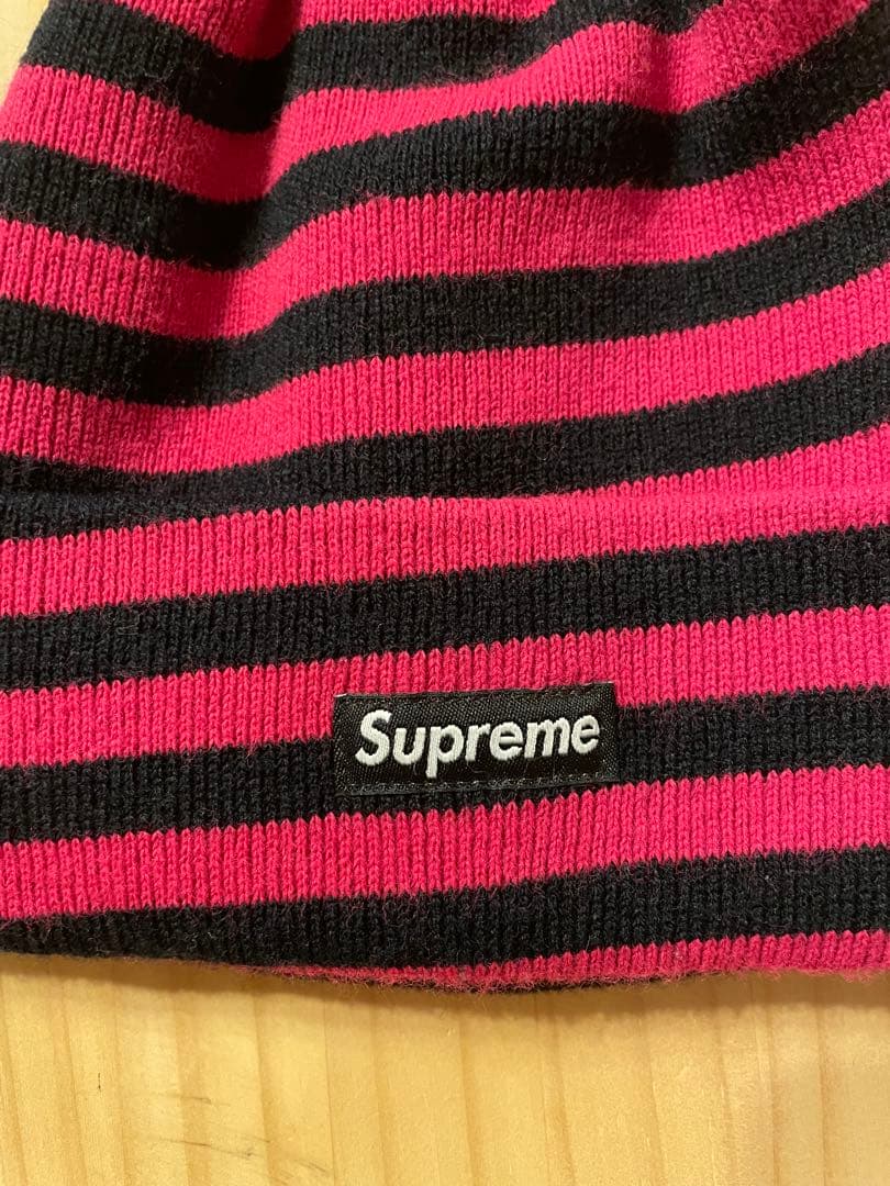 Supreme ストライプニット帽 ピンク/黒