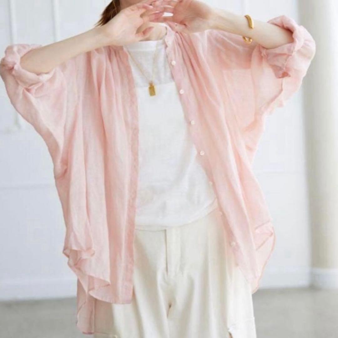 美品 スローブイエナ 24SS ラミー ギャザーシャツ リネンシャツ ピンク