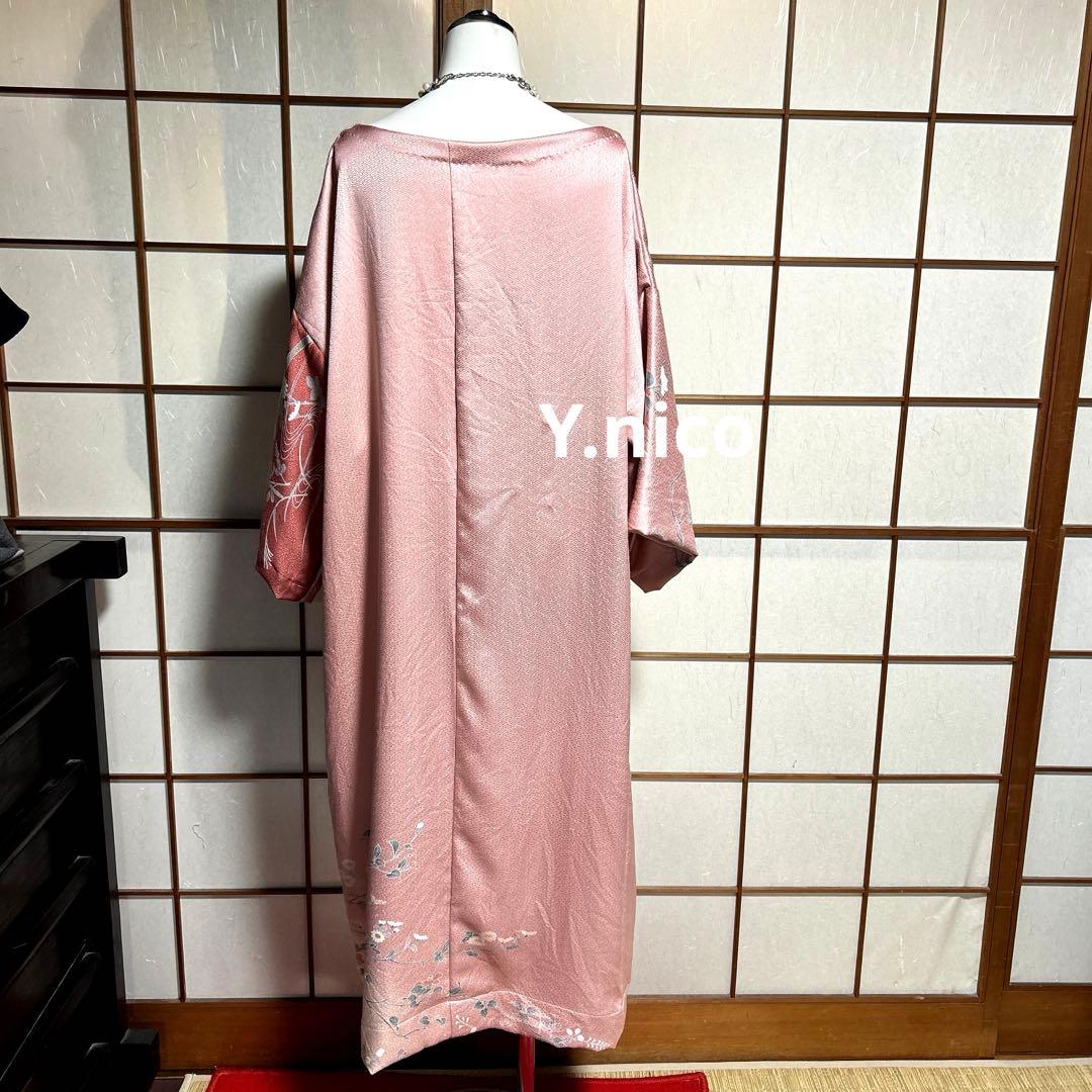 LL 着物リメイク正絹春色綸子訪問着 シンプルゆったりワンピース入園入学式OK