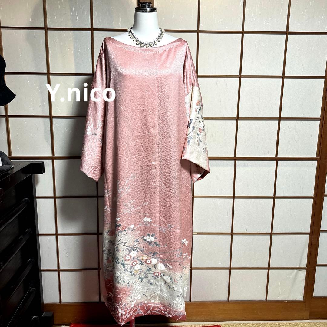 LL 着物リメイク正絹春色綸子訪問着 シンプルゆったりワンピース入園入学式OK