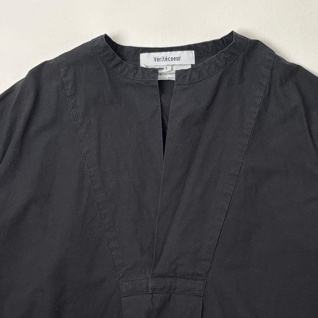 ヴェリテクール　スリットネックバックギャザー ロングシャツワンピース　黒