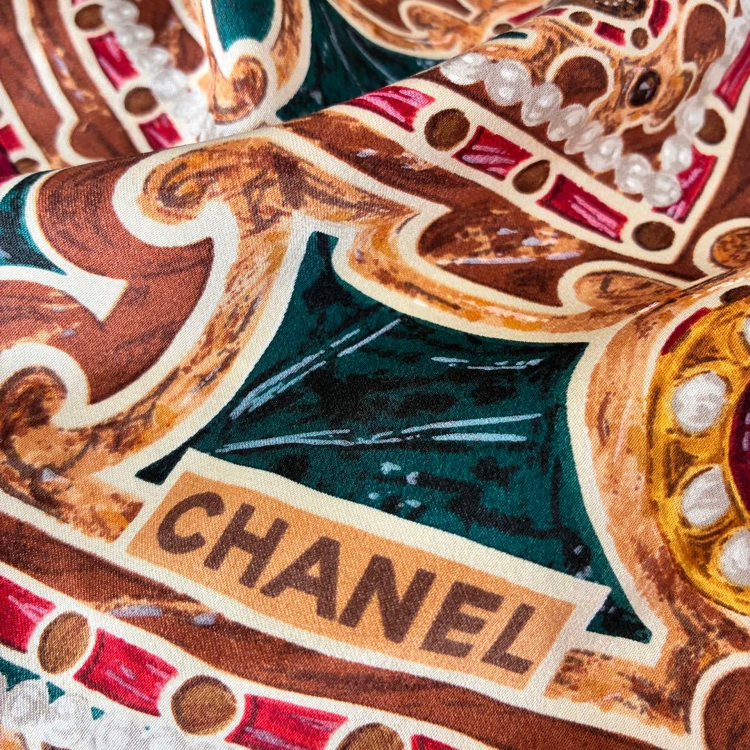 極美品✨CHANELシャネル グリポア宝石柄大判スカーフ茶系カレヴィンテージ