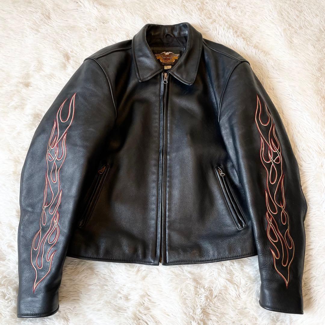 Harley-Davidson 本革 シングルライダースジャケット Lサイズ 炎