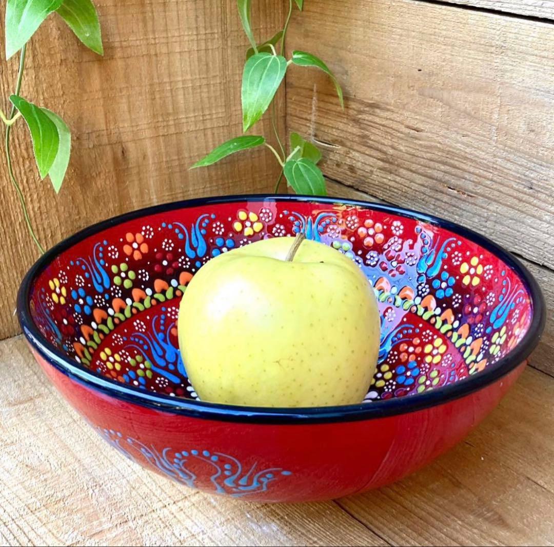 22cm☆新品☆【トルコ】ボウル 皿＊赤＊ ハンドメイド キュタフヤ陶器 208