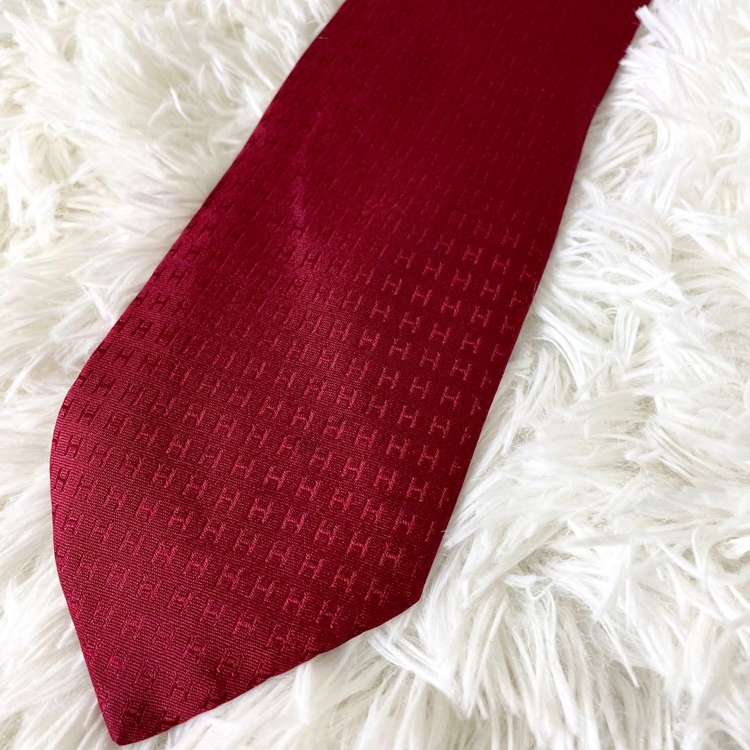 エルメス　HERMES ネクタイ　ビジネス　H柄　通勤　メンズ　赤　レッド