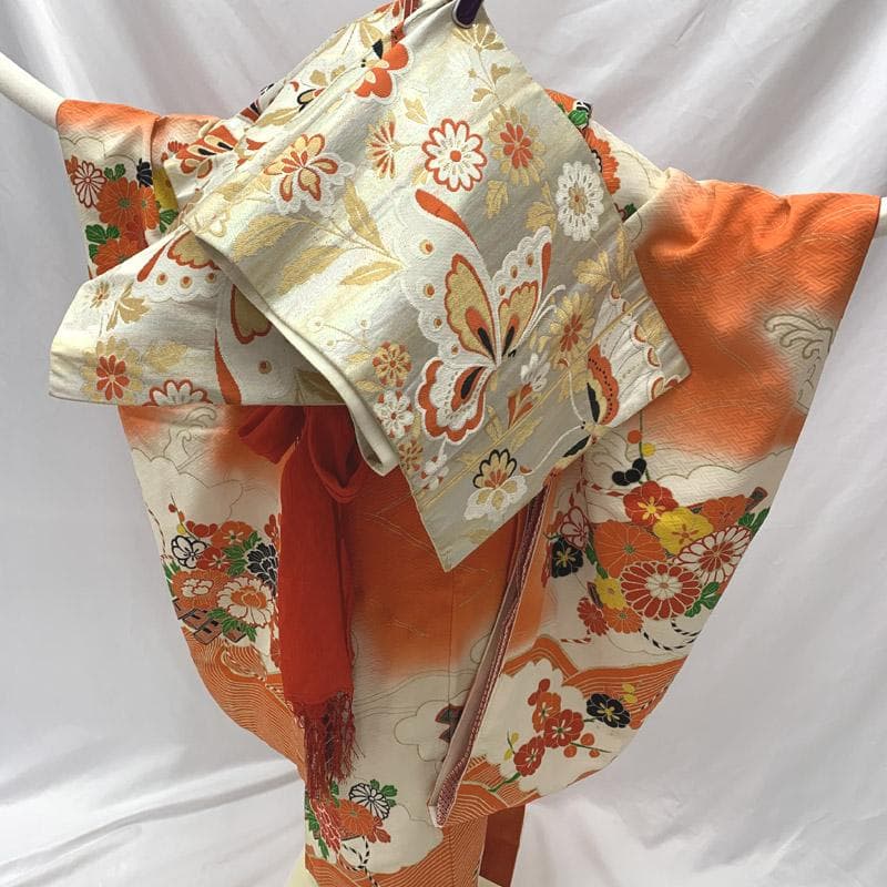 603ag11■七五三 七歳 女児 着物&六通袋帯&長襦袢 刺繍 菊■良好