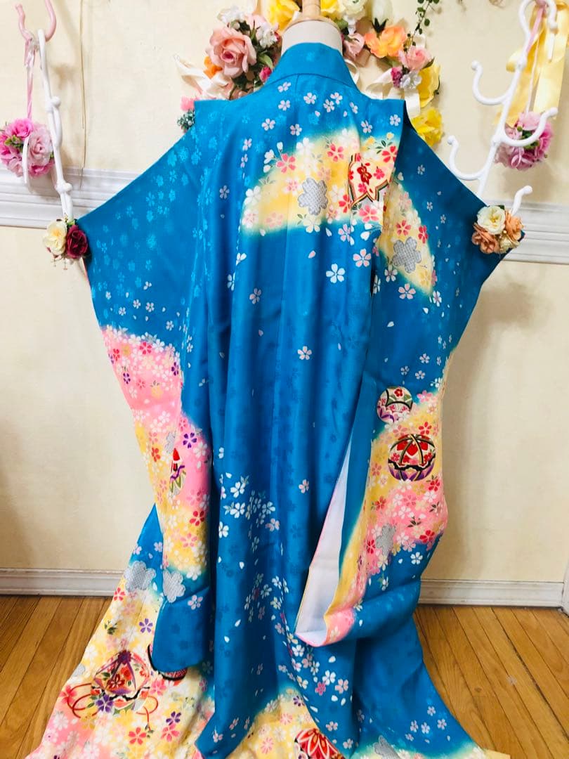 正絹豪華七五三7歳完全フルセット‼️可愛いBlue yellow手毬桜金彩煌びやか