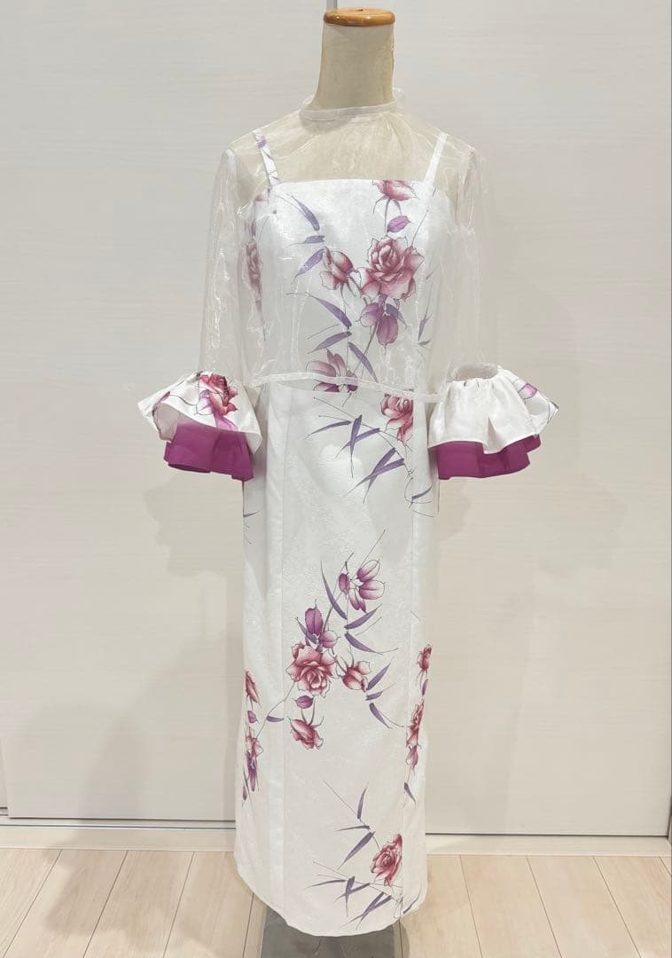 手作り　モダン　着物ワンピース　 ロングドレス　ハンドメイド　花柄　セットアップ