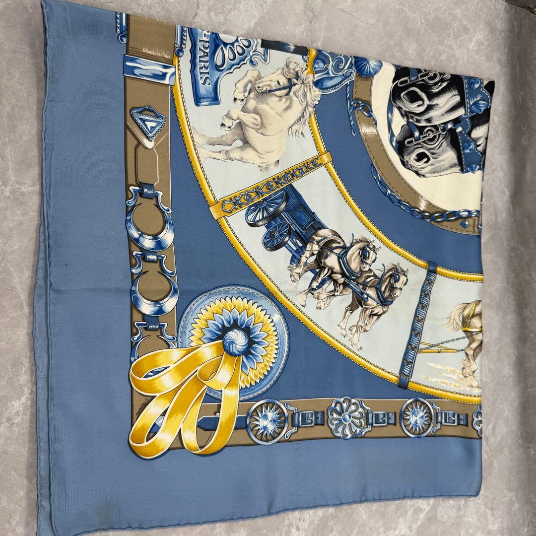 HERMES ブルー 馬モチーフ スカーフ　ブルー系　カレ90