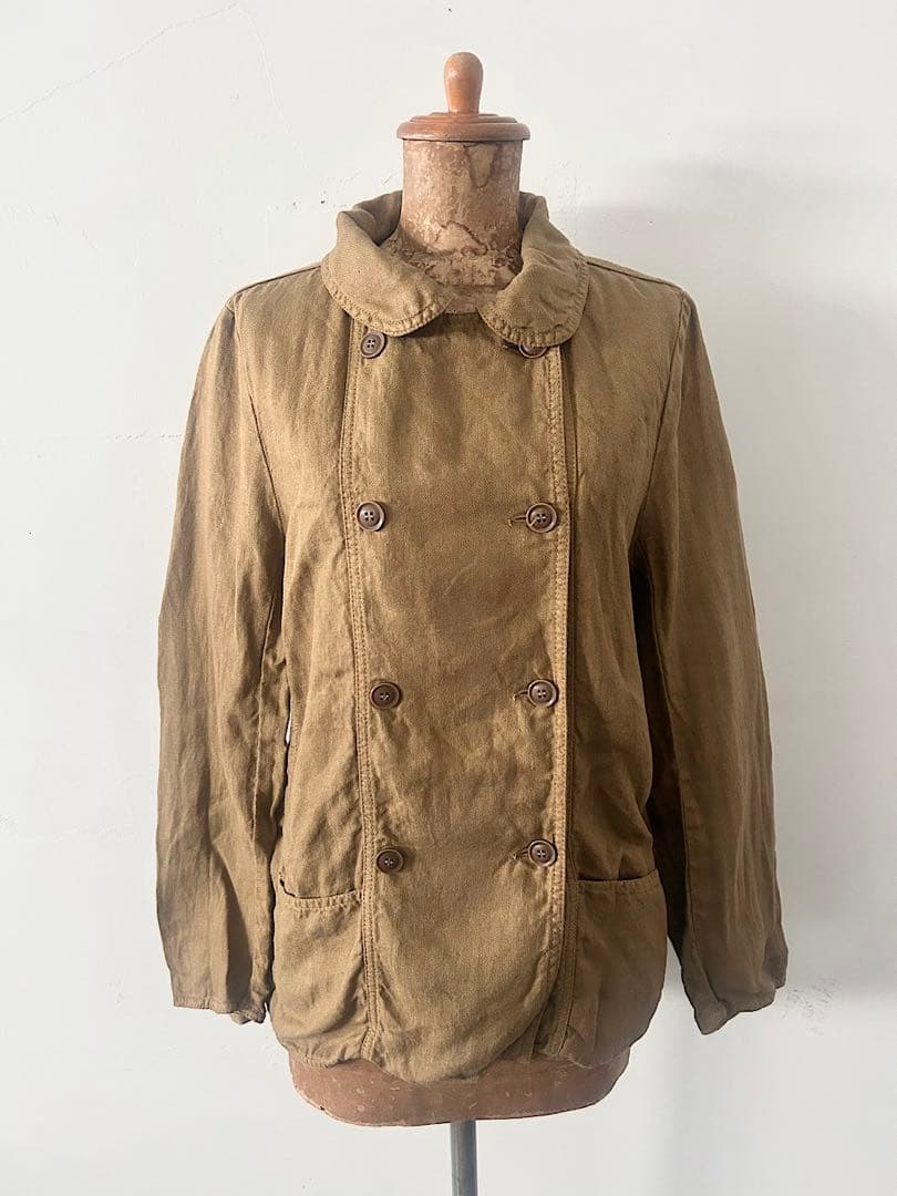 【美品】ARMEN　リネンヘリンボーンラウンドカラーダブルジャケット