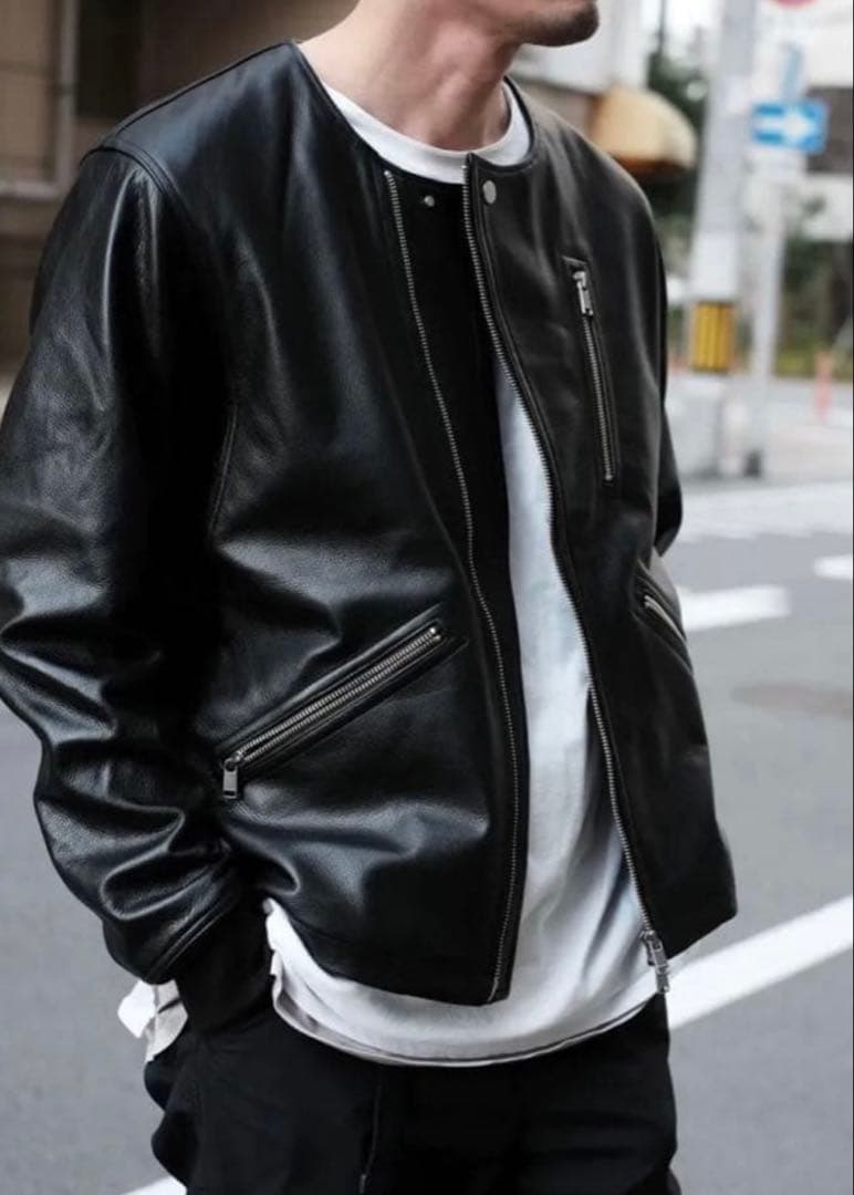 ノンネイティブRIDER BLOUSON牛革2黒ノーカラーライダース