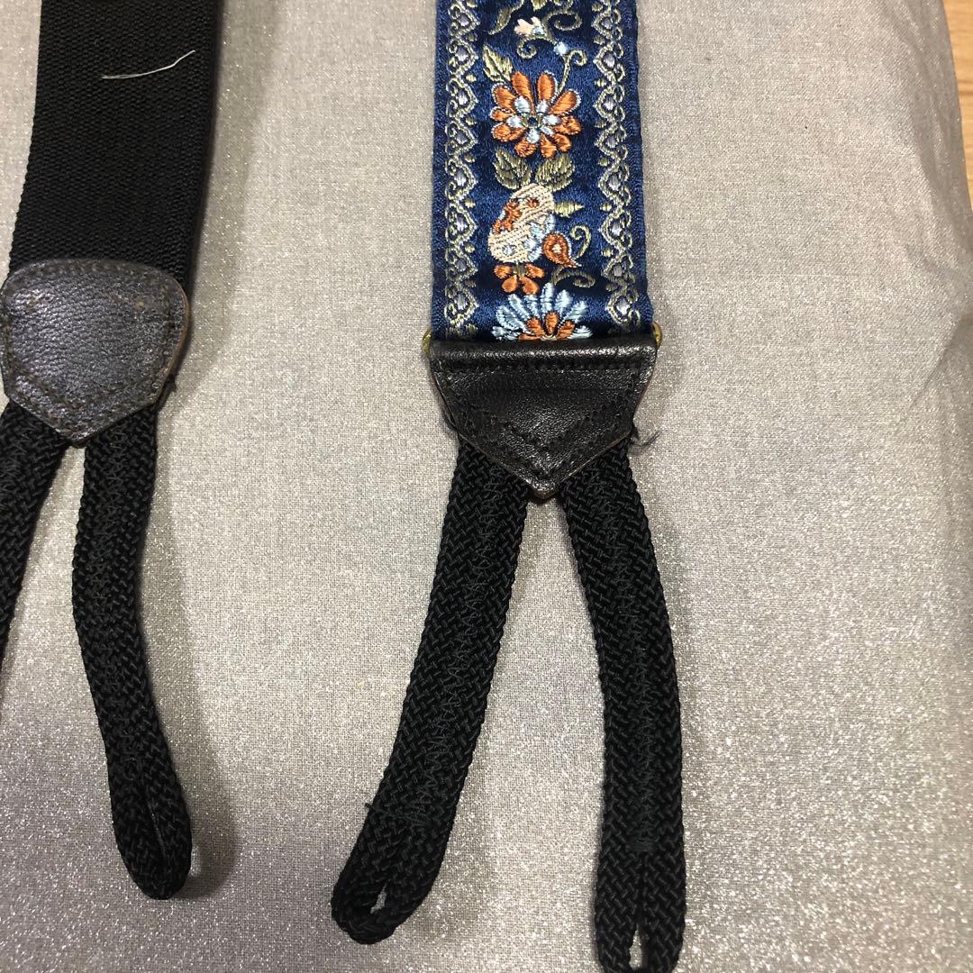 【デッドストック未使用】英国製シルク花柄刺繍 サスペンダー レザー製