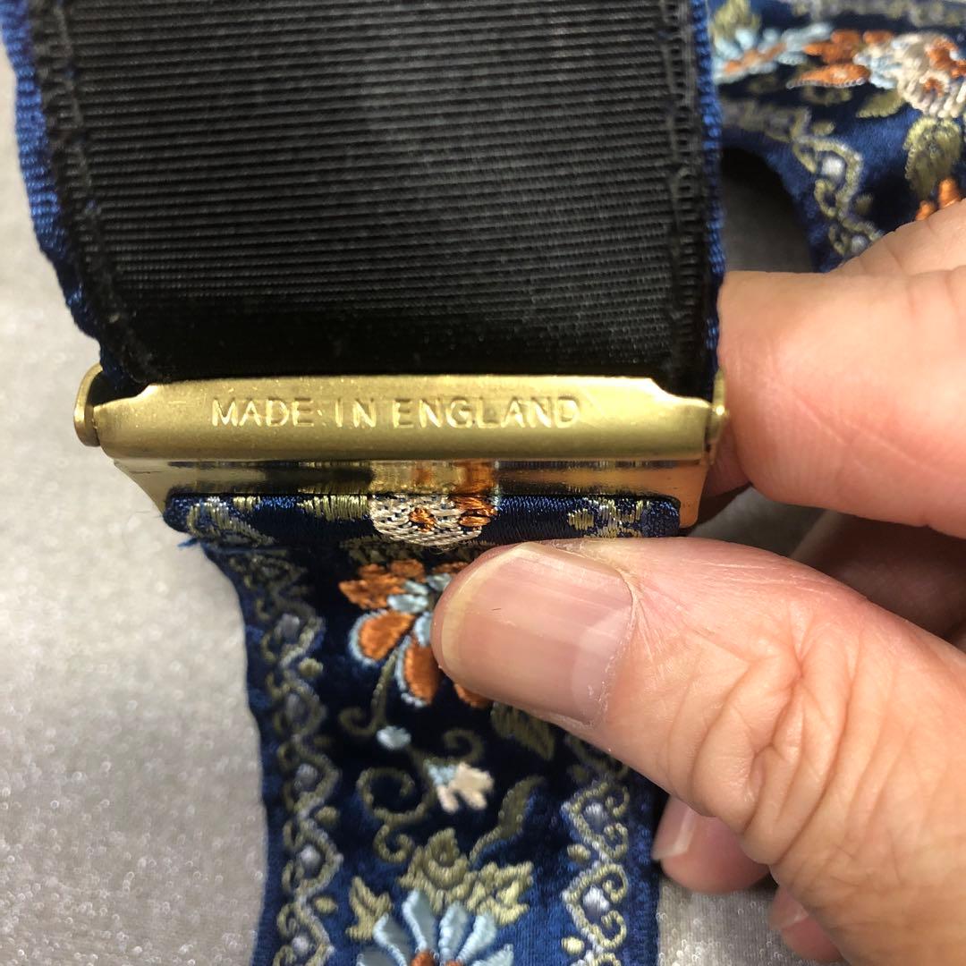 【デッドストック未使用】英国製シルク花柄刺繍 サスペンダー レザー製