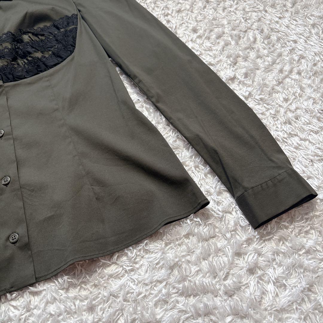 【美品】プラダ フリルレース デザイン ブラウス カーキ ストレッチ 42