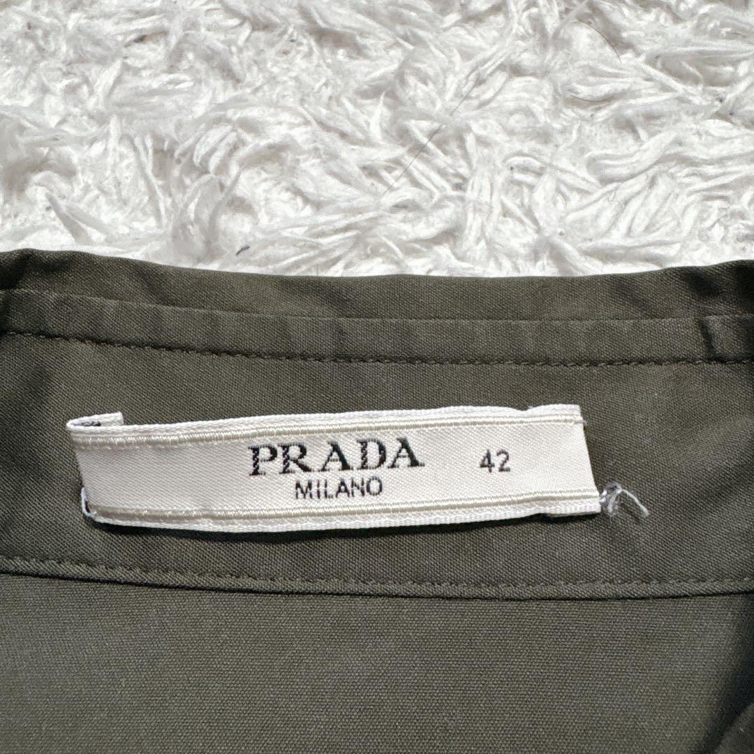 【美品】プラダ フリルレース デザイン ブラウス カーキ ストレッチ 42
