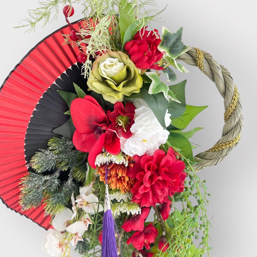 彩り扇のしめ縄リース・縦長シリーズ しめ飾り 正月飾り アートフラワー 造花