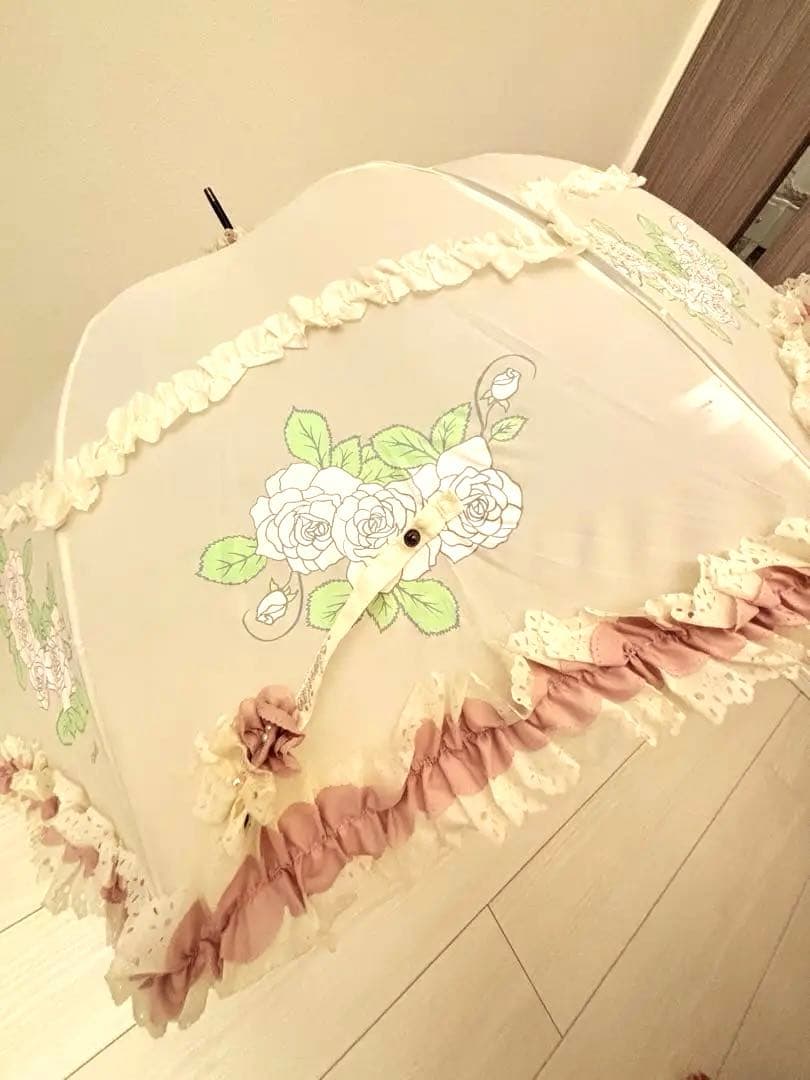 【新品未使用】Amitié（アミティエ）長傘／フリル＆ローズ柄 日傘・晴雨兼用