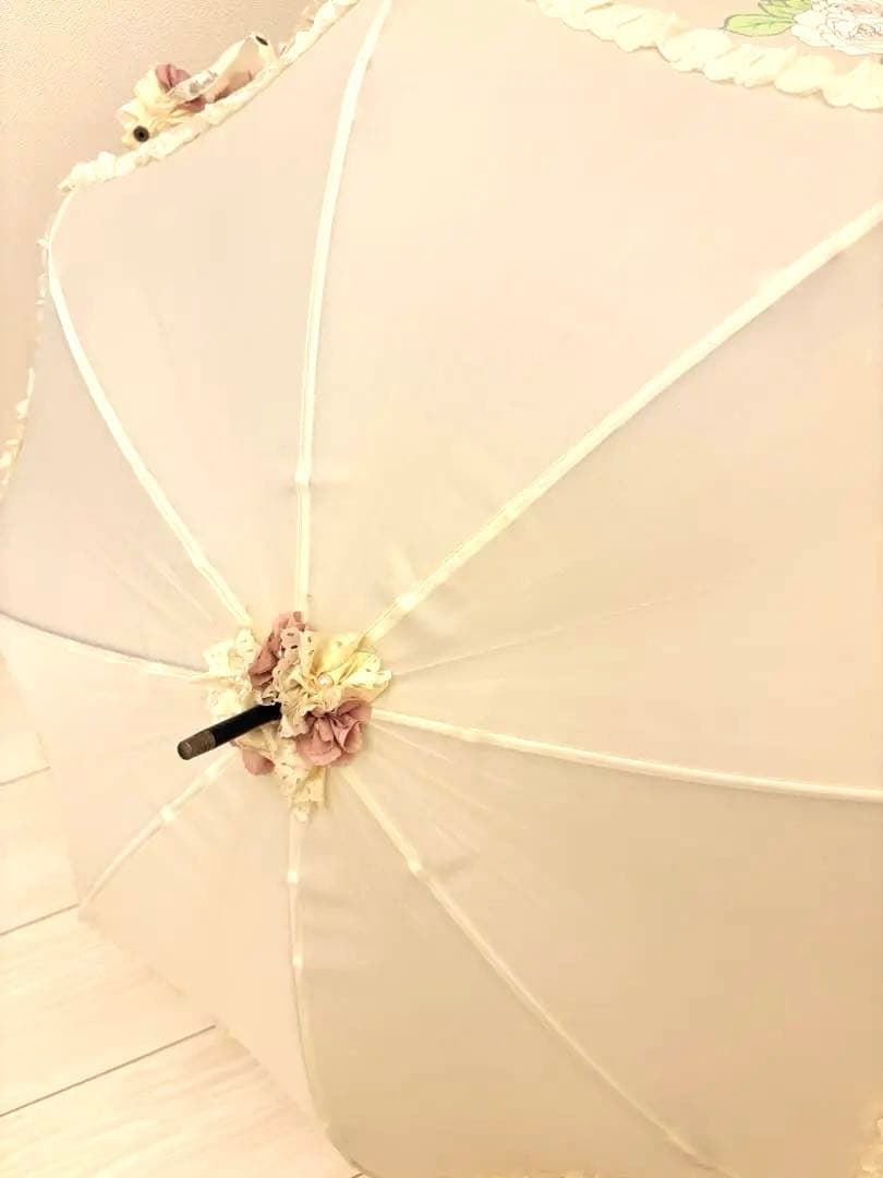 【新品未使用】Amitié（アミティエ）長傘／フリル＆ローズ柄 日傘・晴雨兼用