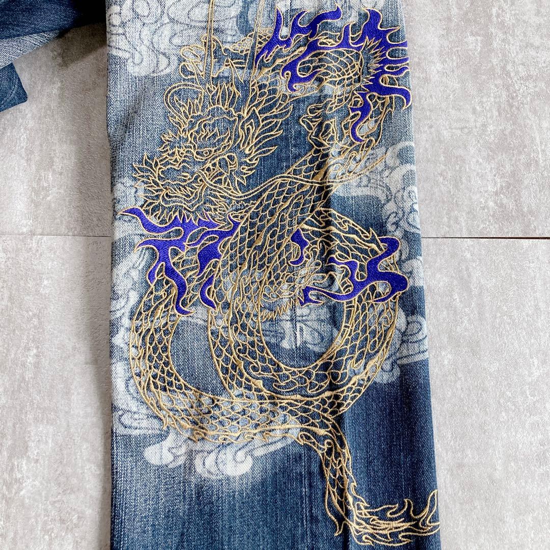 極美品⭐️豊天商店　和柄デニム ドラゴン刺繍 インディゴ 色落ち加工 個性派　龍