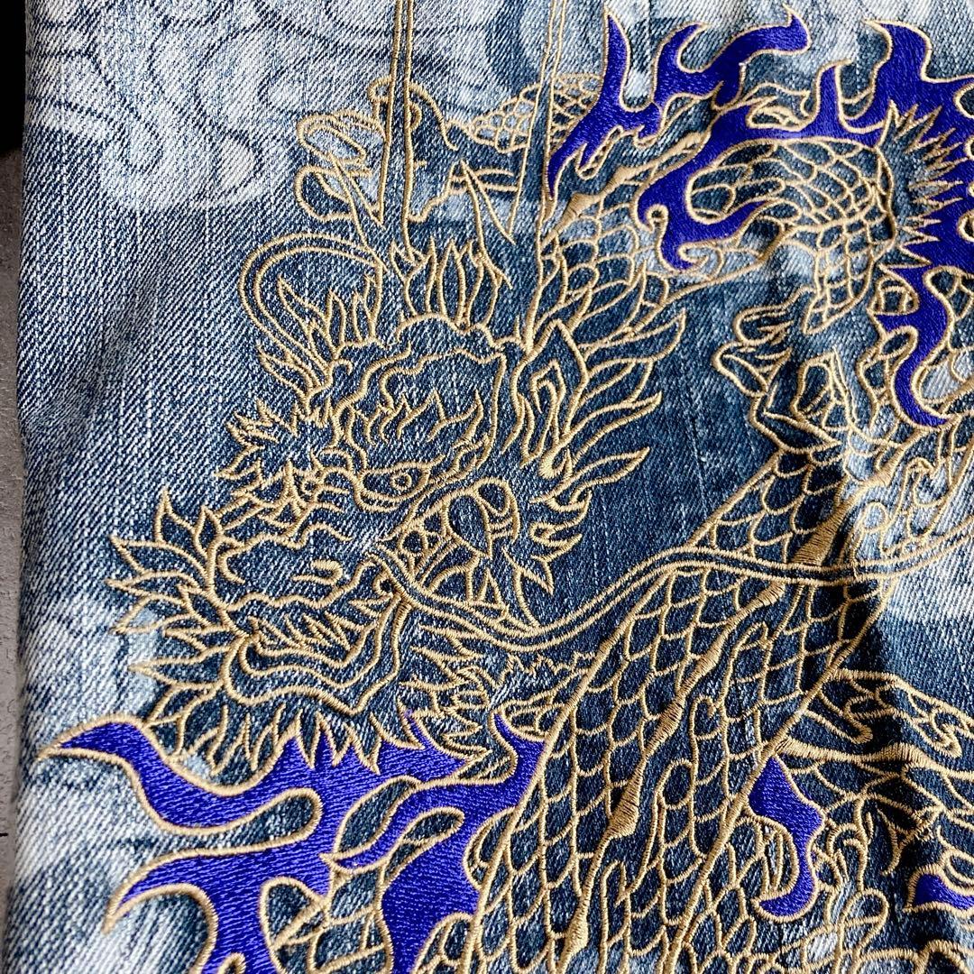極美品⭐️豊天商店　和柄デニム ドラゴン刺繍 インディゴ 色落ち加工 個性派　龍
