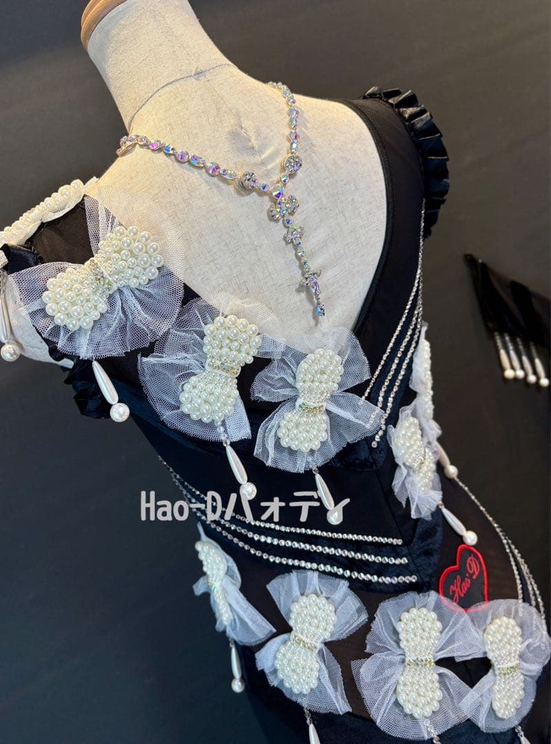 新品★ドレス★スタンダード★ブラック★パールリボン★競技会★社交ダンス