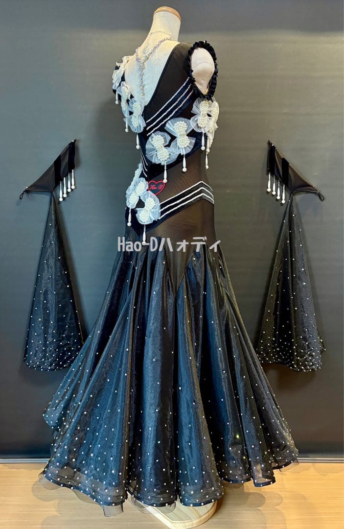 新品★ドレス★スタンダード★ブラック★パールリボン★競技会★社交ダンス