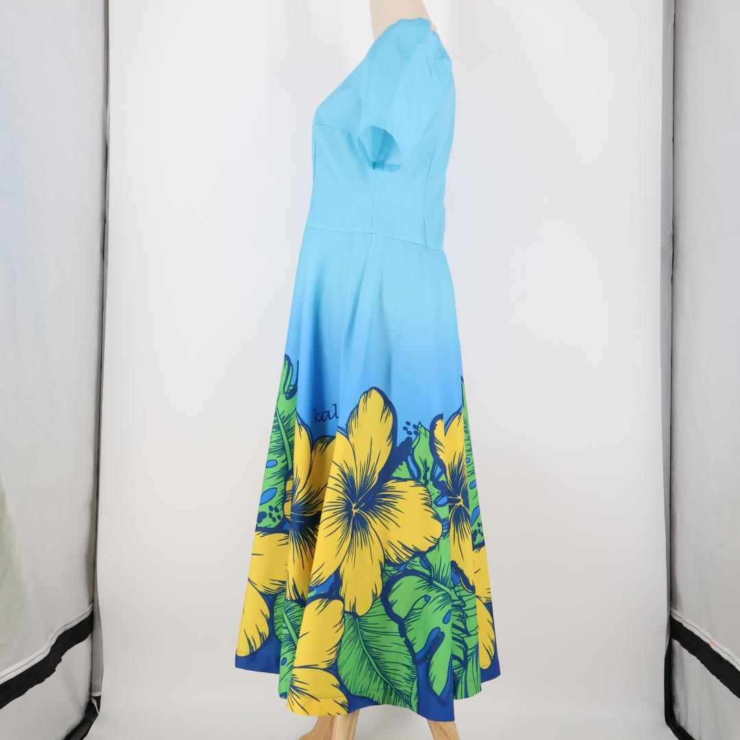 【フラダンス衣装】スカイブルー KALAS ワンピース ドレス 水色 イエロー