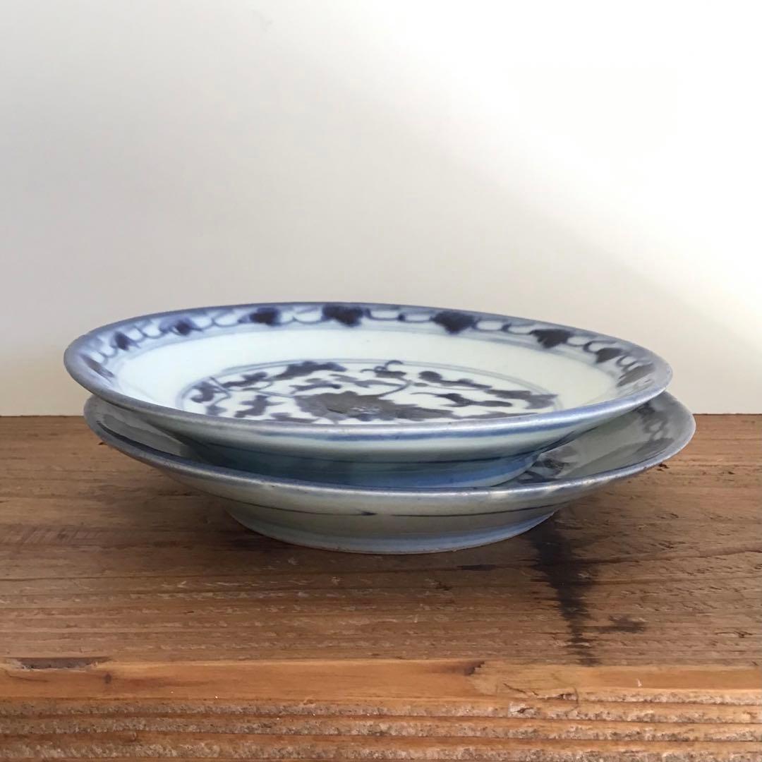 中国 清朝？ 骨董 磁器 染付皿2枚セット 約15cm / 手き描青花唐草文