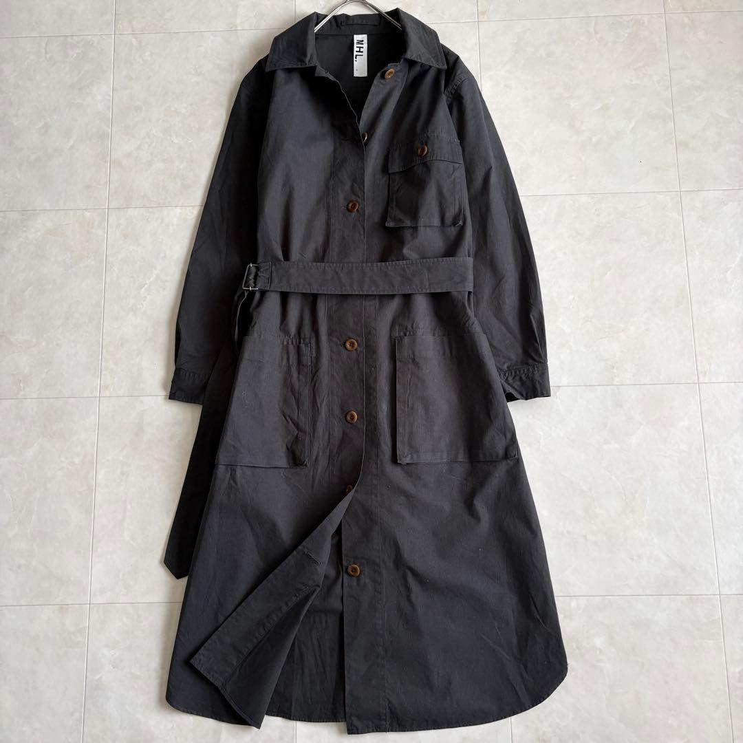 MHL. ベルト付ロングシャツワンピース 黒 I 日本製 綿100% 羽織りOK