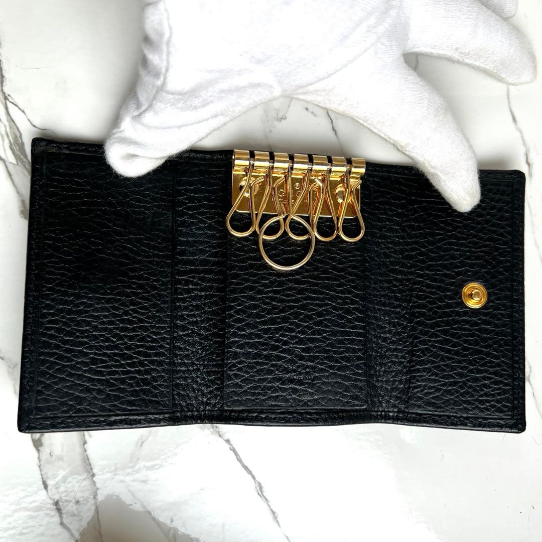 GUCCI キーケース GGマーモント ゴールド レザー　ブラック　6連
