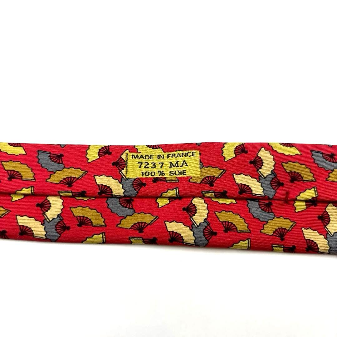 【美品】HERMES エルメス ネクタイ レッド 赤 扇 扇子 小紋柄 和風