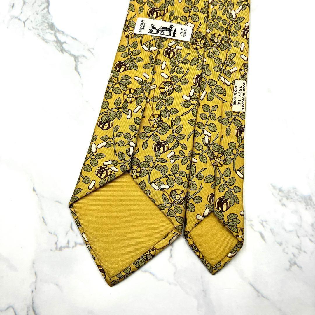 ◆美品◆HERMES エルメス ネクタイ 黄色 植物柄 オシャレ