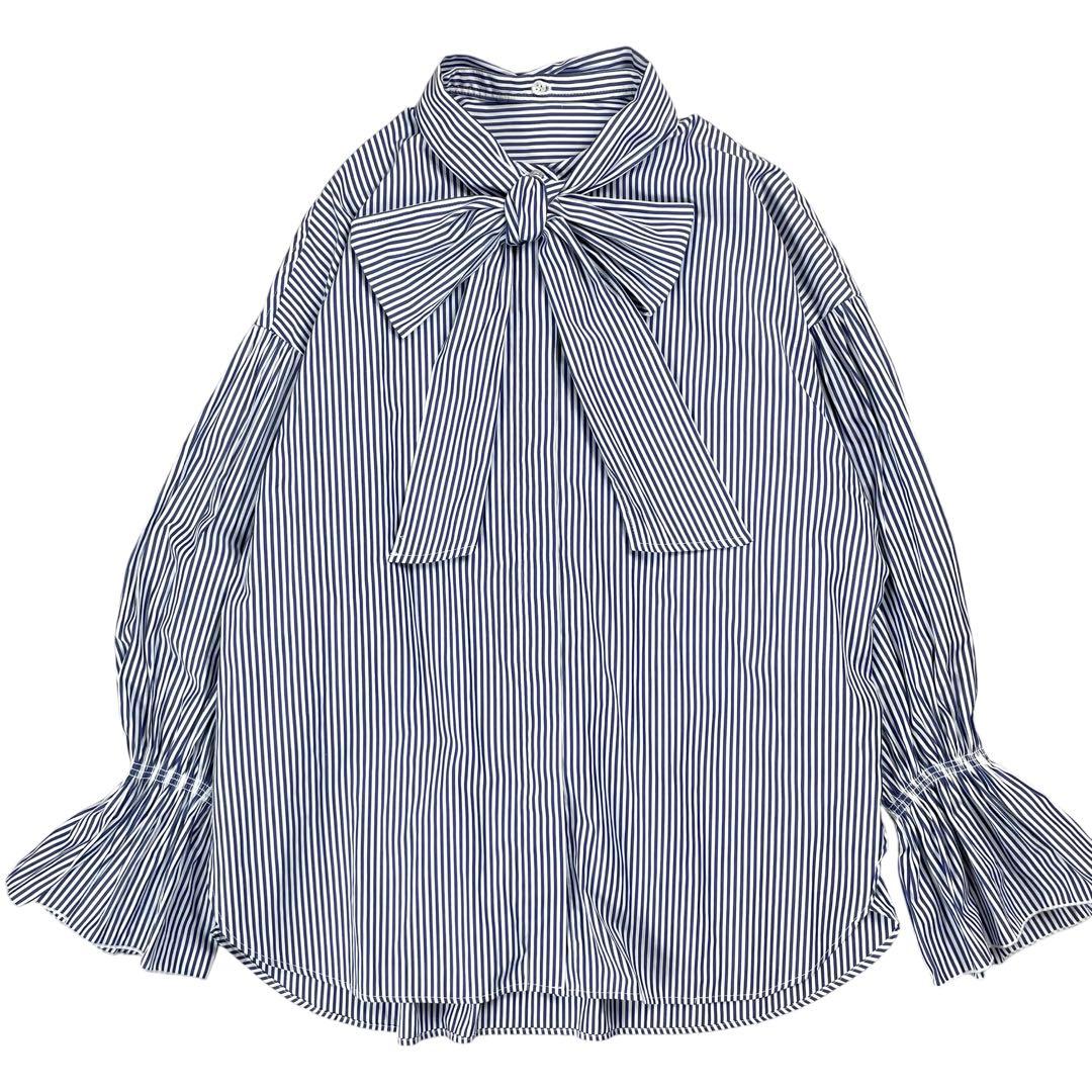 美品 シップス 近年 ストライプ 2WAY ボウタイシャツブラウス ネイビー