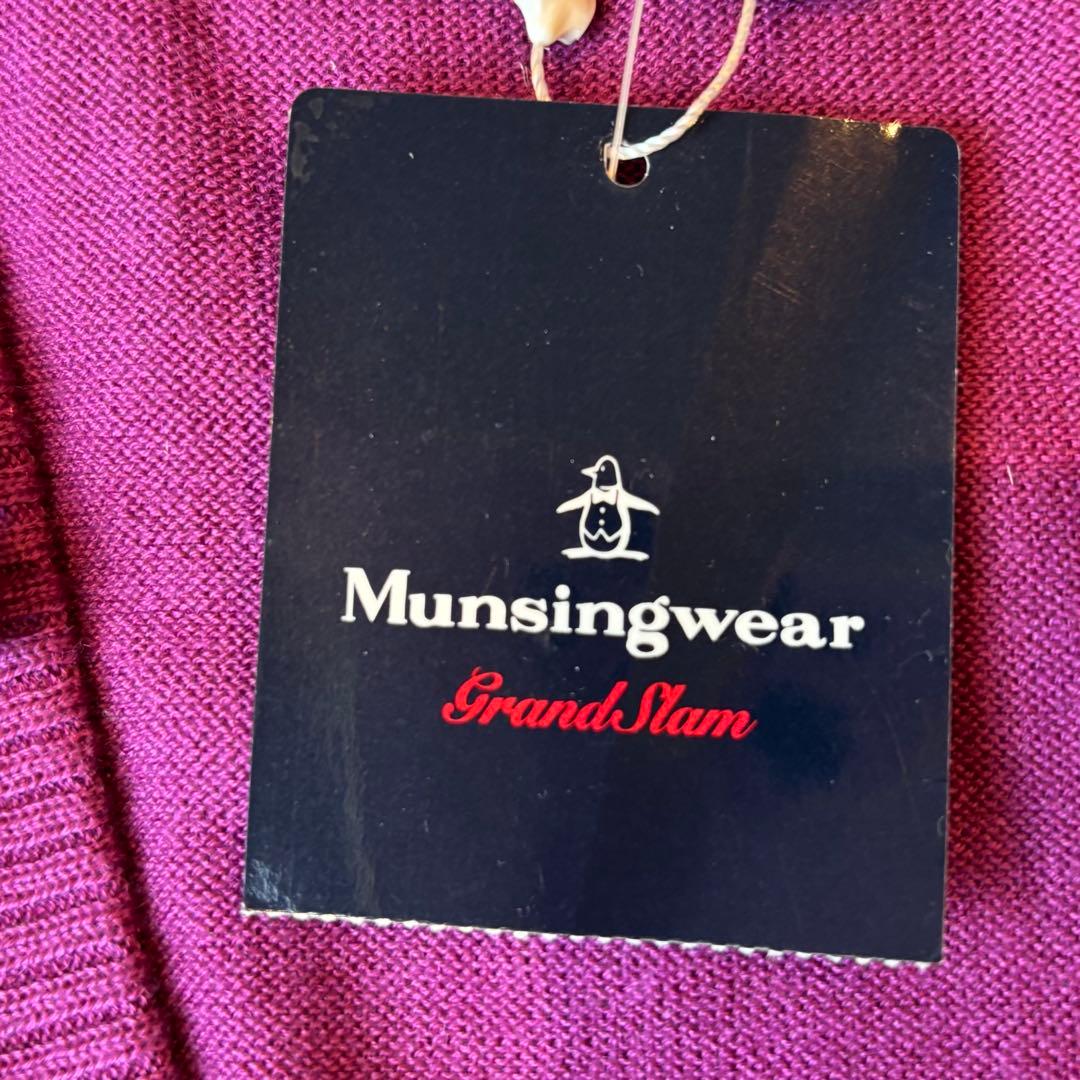 ★Munsing wear★LL★フード付ニットベスト★紫とグレー★新品タグ付★