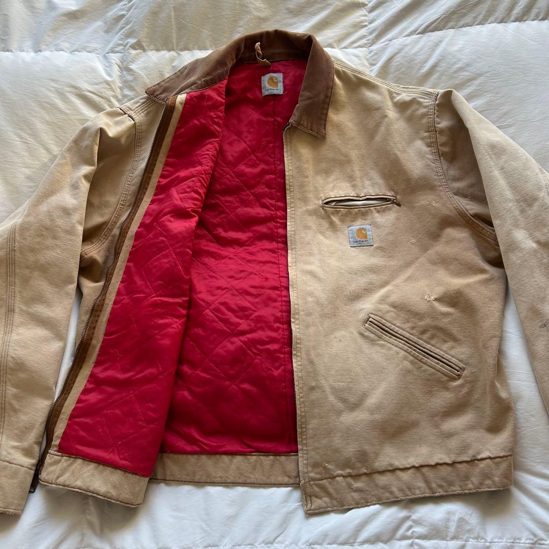 80s Carhartt デトロイトジャケット フェード ベージュ 裏地赤