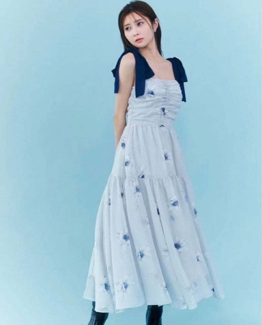 新品　SNIDEL プリントショルダーリボンワンピース　フラワー