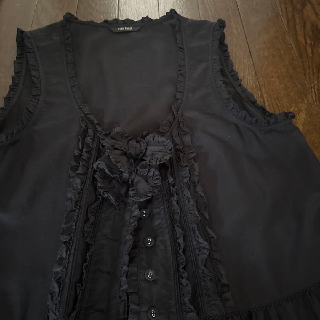 ピンクハウスワンピースタブリエ フリル付き黒ノースリーブロングワンピース
