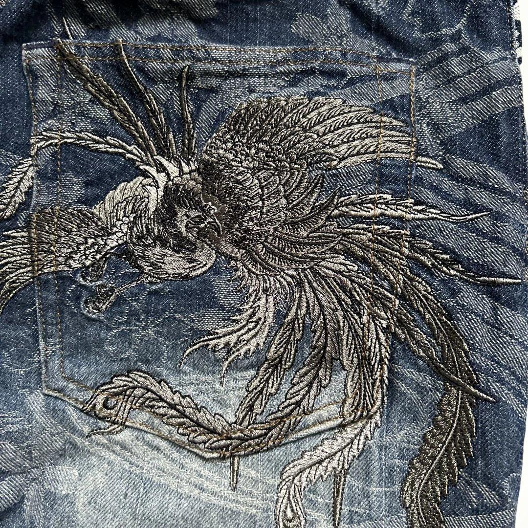 絡繰魂 流儀 和柄刺繍デニムパンツW36総柄和風鳳凰桜ジーンズ